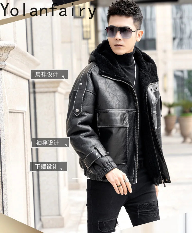 Men’s Natural Sheepskin Leather Jacket with Real Fur Hood – Winter Wool Lined Fur Coat