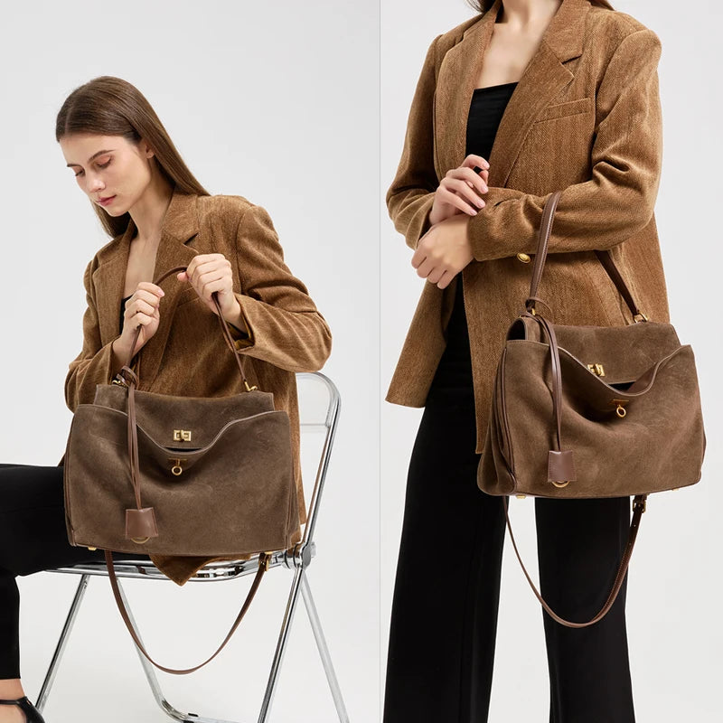 Women’s Genuine Suede Leather Large Capacity Shoulder Tote Bag Luxury Casual Handbag