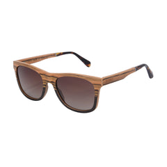 Wooden-framed sunglasses with brown gradient lenses on a white background