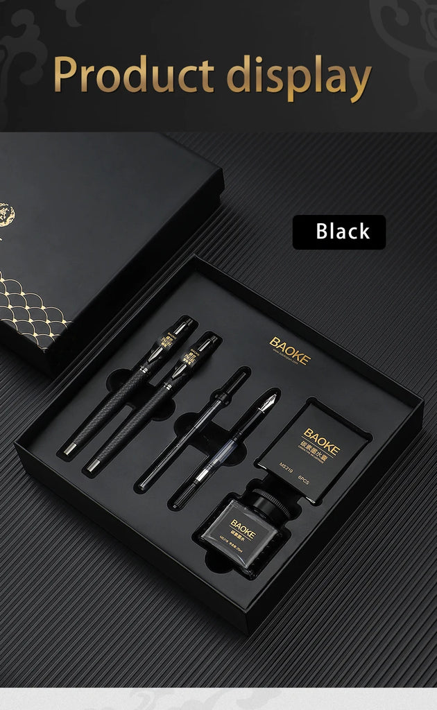 BAOKE T18/T19/T20 Black & Grey Fountain Pen Gift Set with Ink Bottle and 6 Cartridges – Stainless Steel Nib Metal Office Pen
