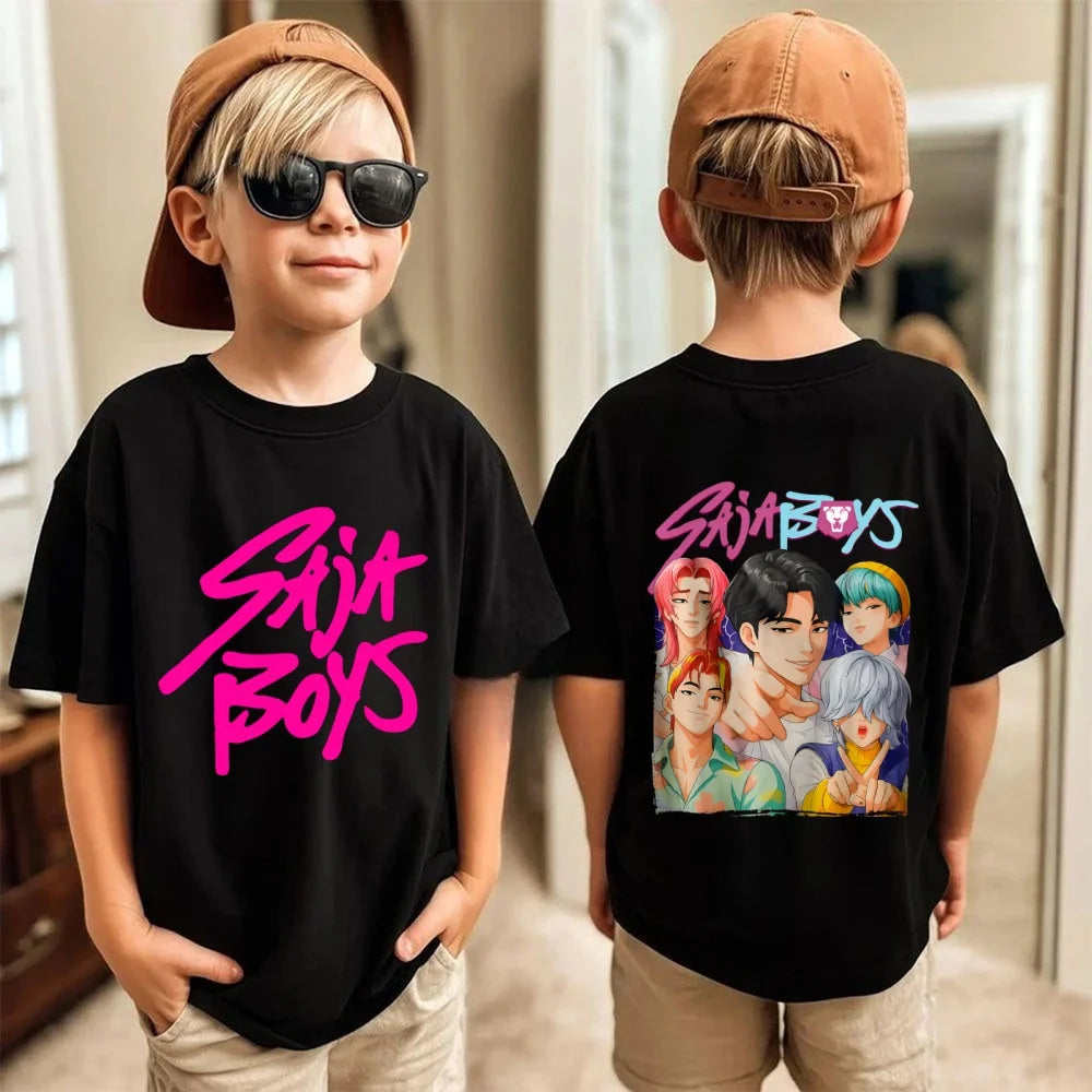 Vintage Saja Boys K-Pop Demon Hunters Print T-Shirt – Anime Short Sleeve Crewneck Casual Kids Tee