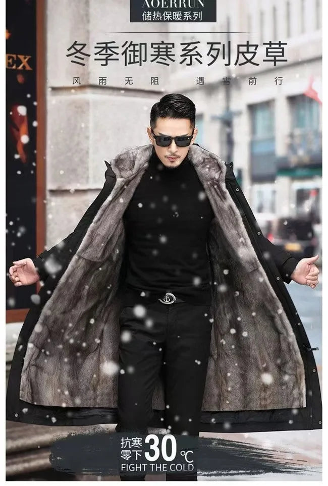 Men’s Detachable Fur One-Piece Winter Coat – Thick Faux Mink Fur Lined