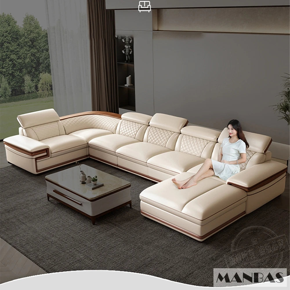 MINGDIBAO Italian Genuine Leather L-Shaped Sofa Set with Adjustable Headrests, Bluetooth Speaker & Wireless Charging