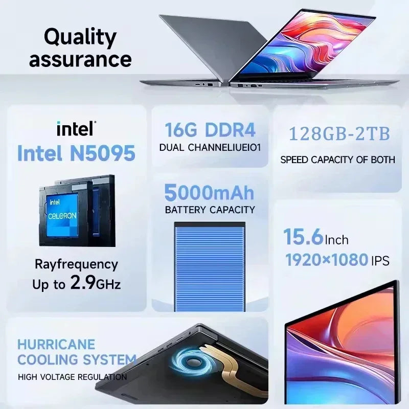 QMDZ 15.6" Laptop Intel Celeron N5095 Notebook PC 16GB/32GB RAM 128GB-2TB SSD Windows 11 1080P