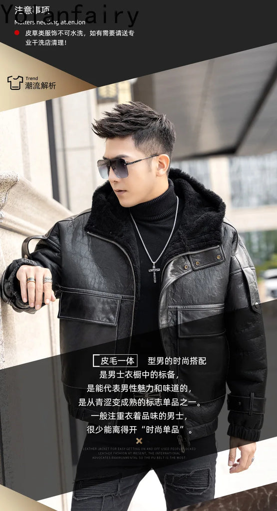 Men’s Natural Sheepskin Leather Jacket with Real Fur Hood – Winter Wool Lined Fur Coat