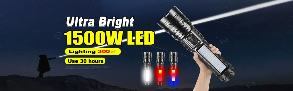 UltraBright™ 1500W Rechargeable LED Flashlight – 6,000M Long Range Tactical Torch (Built-in Power Bank)