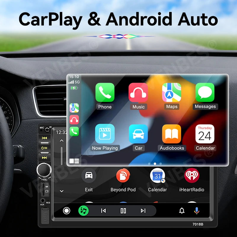 VENBES 7-Inch CarPlay Android Auto 2-DIN Car Stereo with Touchscreen, Bluetooth, USB, FM – Universal Fit