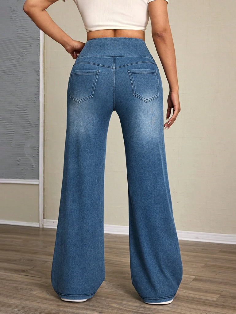 Women's High-Rise Wide-Leg Jeans – Stretch Denim Tummy Tuck Casual Pants
