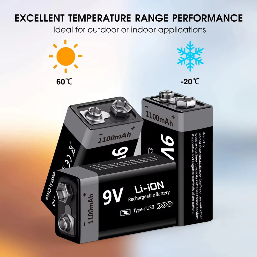 MATOV 9V 1100mAh USB Rechargeable Li-ion Battery – Type-C Charging | Long-Lasting Power for RC, Multimeters, Alarms & More