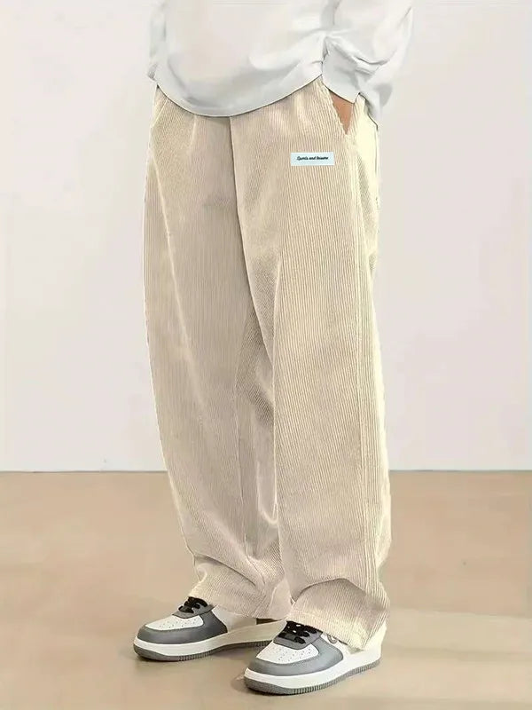 Men’s Corduroy Casual Pants Loose Fit Straight Leg with Elastic Waist and Drawstring