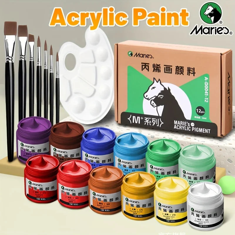 Marie's 20pcs Acrylic Paint Set – 12 Colors with 7 Brushes & 1 Palette for Canvas, Wood, Stone – Artists & Adults
