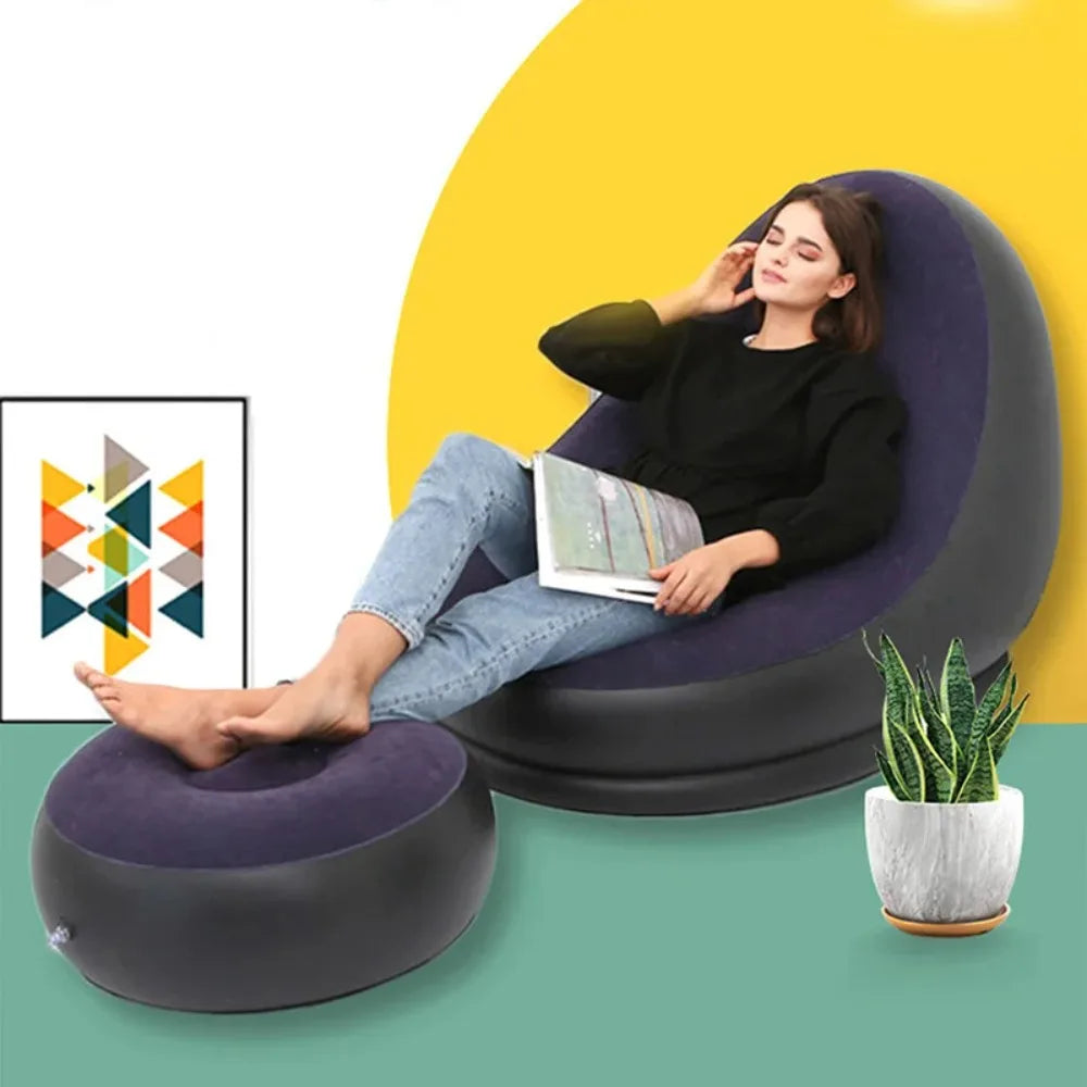 Lazy Inflatable Lounge Chair for Adults – Folding Portable Sofa with Foot Stool, Air Couch for Living Room & Bedroom