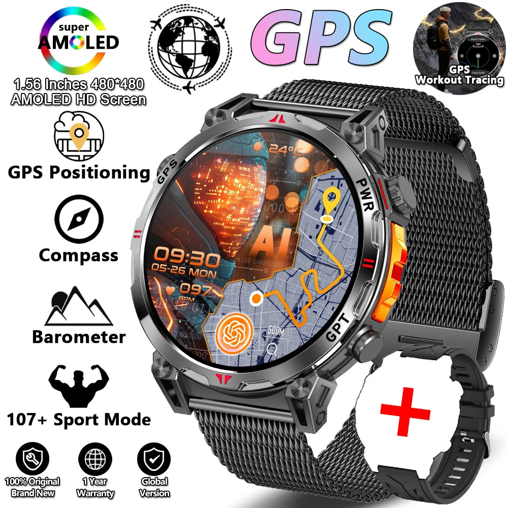 Outdoor Sports Smartwatch for Men – GPS, 1.56-inch AMOLED, 5ATM Waterproof, 650mAh Battery, Compass & HD Call