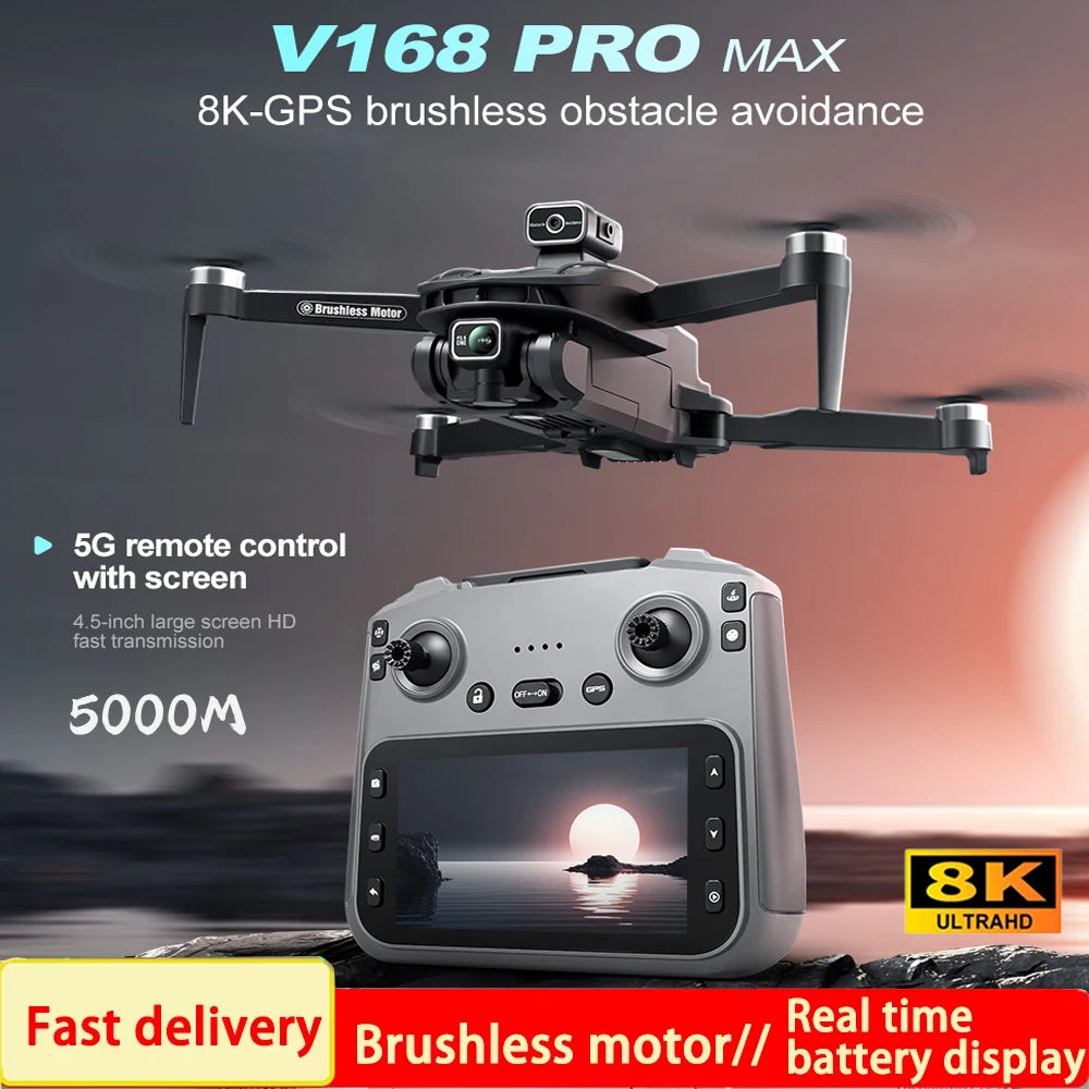 V168 Pro MAX 8K GPS Drone with 5G WIFI, 4.5" Screen, FPV, 360° Obstacle Avoidance & Brushless Motor RC Quadcopter