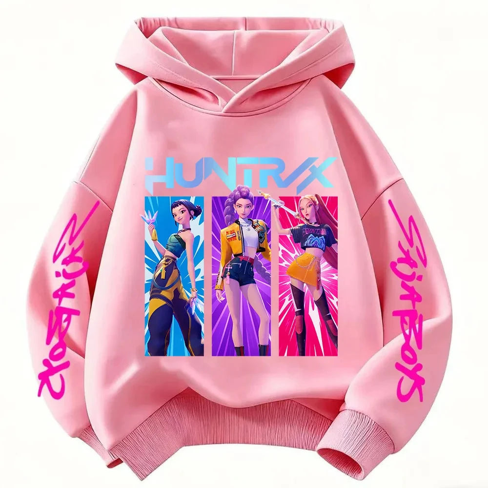 Cute Girls Hooded Sweatshirt KPop Demon Hunter Cartoon Casual Top – Purple & Pink