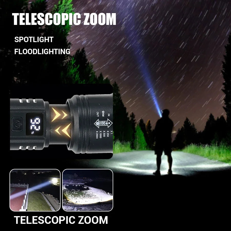 High Power 2000LM LED Tactical Flashlight with USB Charging, Zoom, and Display – Camping, Fishing, Emergency
