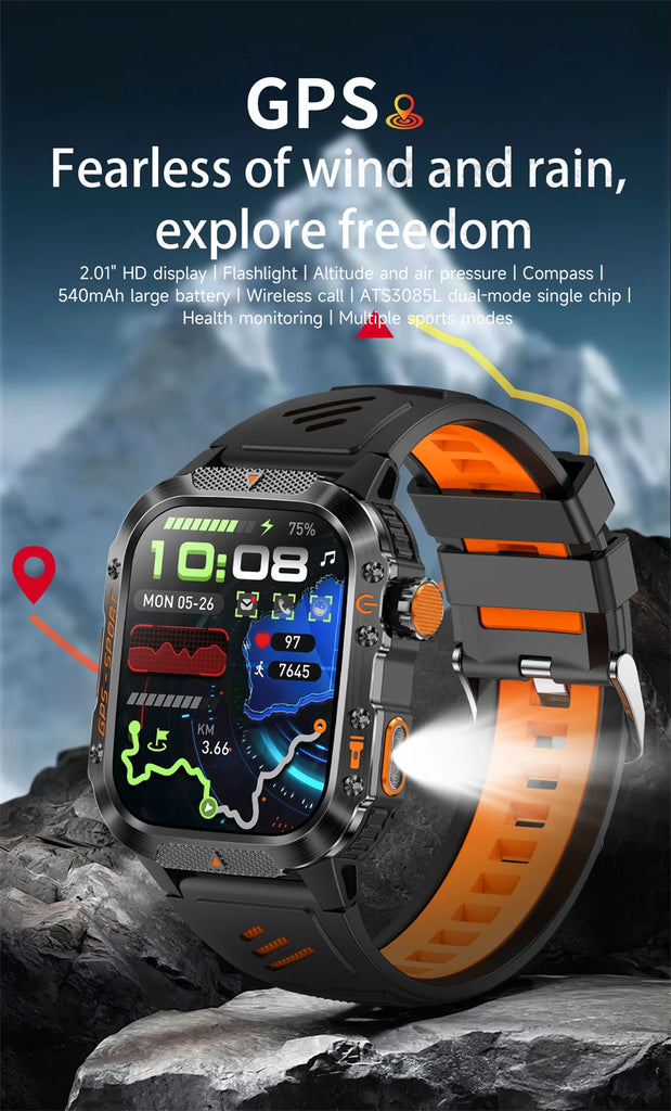 Military-Grade GPS Smartwatch for Men – 2.01” AMOLED, Bluetooth Calling, 3ATM Waterproof, 100+ Sports, 540mAh Battery