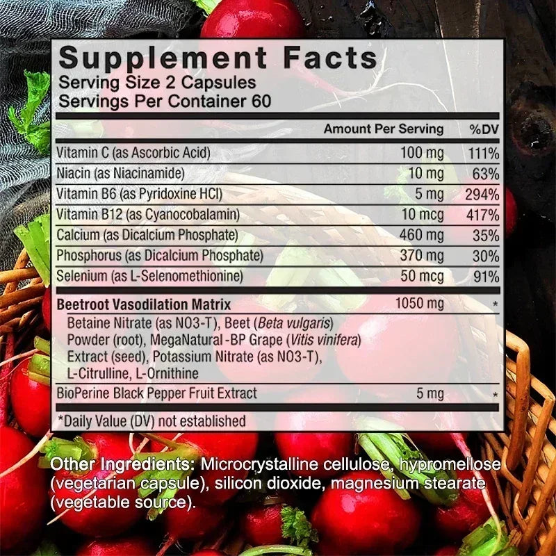Organic Beetroot Capsules with Black Pepper Extract – Nitric Oxide Support, Blood Circulation & Energy Boost – 30/60/120 Capsules