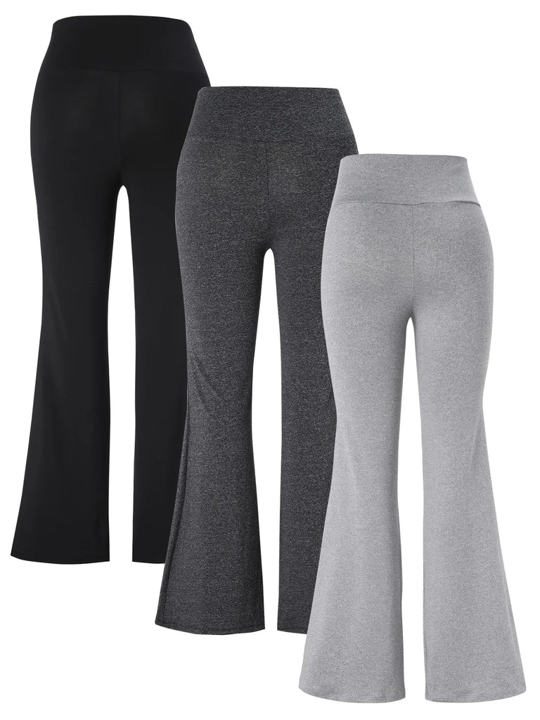 3-Pack or Single Piece Elegant Wide-Waisted Solid Color Summer Flared Pants for Women – Knitted Polyester Blend, Elastic Waist, Mature Style, Ankle-Length