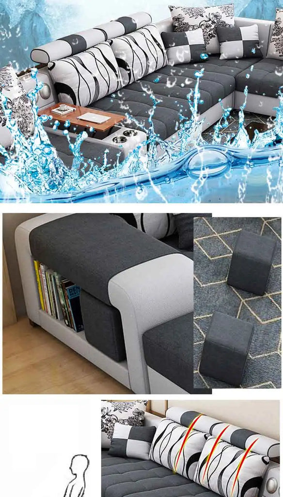 Modern U-Shaped Fabric Sofa Set with USB & Stools – Living Room Couch, Customizable Colors