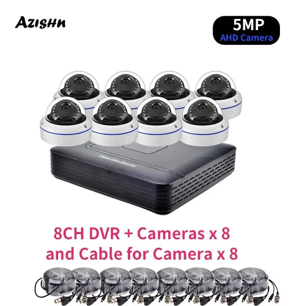 AZISHN 8 Channel 5MP AHD DVR CCTV Security Camera System Kit Indoor Outdoor Waterproof Dome Cameras
