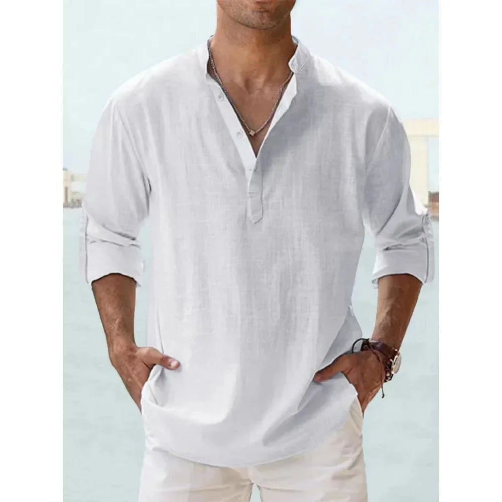 Men’s Cotton Linen Henley Short Sleeve Casual Shirt – Summer Beach & Everyday Wear
