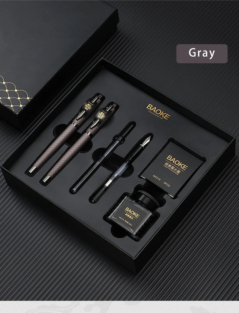 BAOKE T18/T19/T20 Black & Grey Fountain Pen Gift Set with Ink Bottle and 6 Cartridges – Stainless Steel Nib Metal Office Pen
