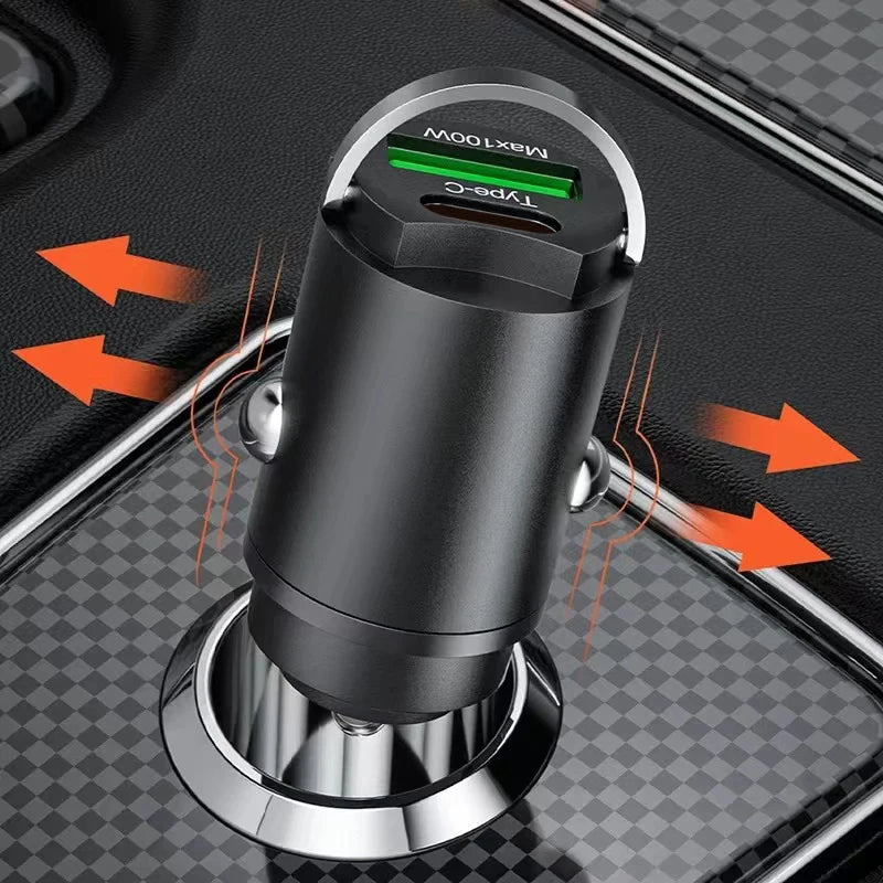 100W Mini Car Charger QC3.0 PD USB Type C 2-Port Fast Charging Compact Adapter