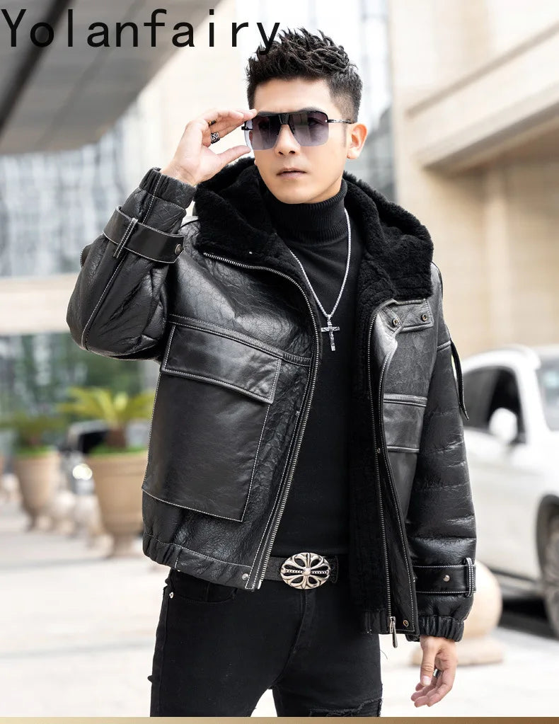 Men’s Natural Sheepskin Leather Jacket with Real Fur Hood – Winter Wool Lined Fur Coat
