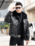 Men’s Natural Sheepskin Leather Jacket with Real Fur Hood – Winter Wool Lined Fur Coat thumbnail 17