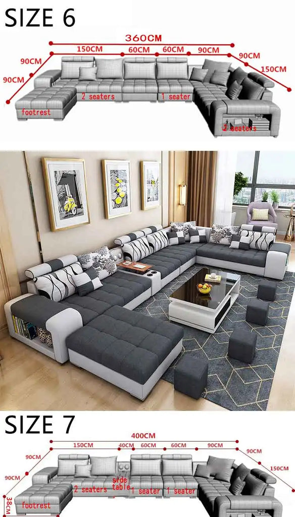 Modern U-Shaped Fabric Sofa Set with USB & Stools – Living Room Couch, Customizable Colors