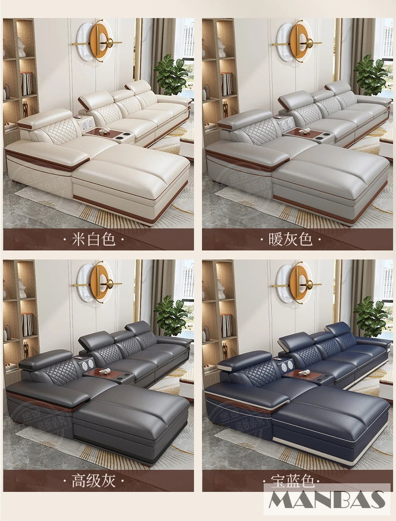 MINGDIBAO Italian Genuine Leather L-Shaped Sofa Set with Adjustable Headrests, Bluetooth Speaker & Wireless Charging
