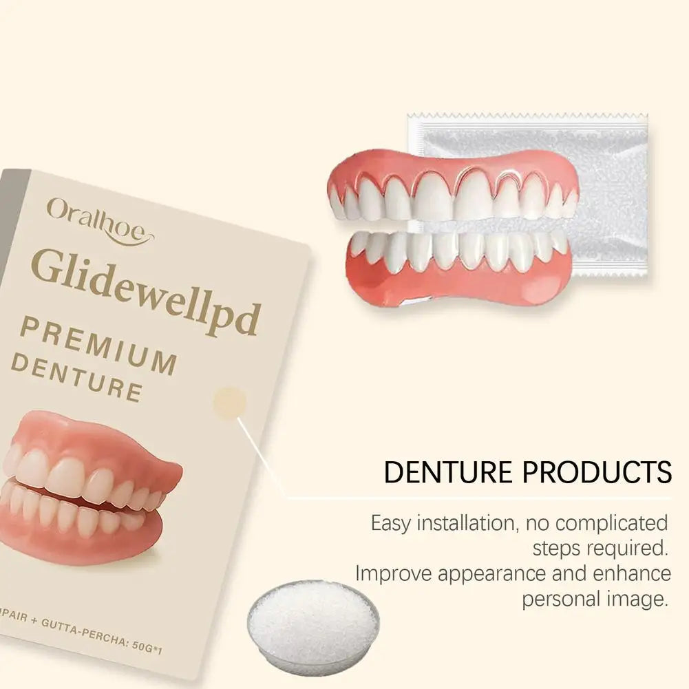 Full Denture Fake Teeth Set with Silicone Upper & Lower Veneers – Natural Fit Smile Kit with Adhesive Gel