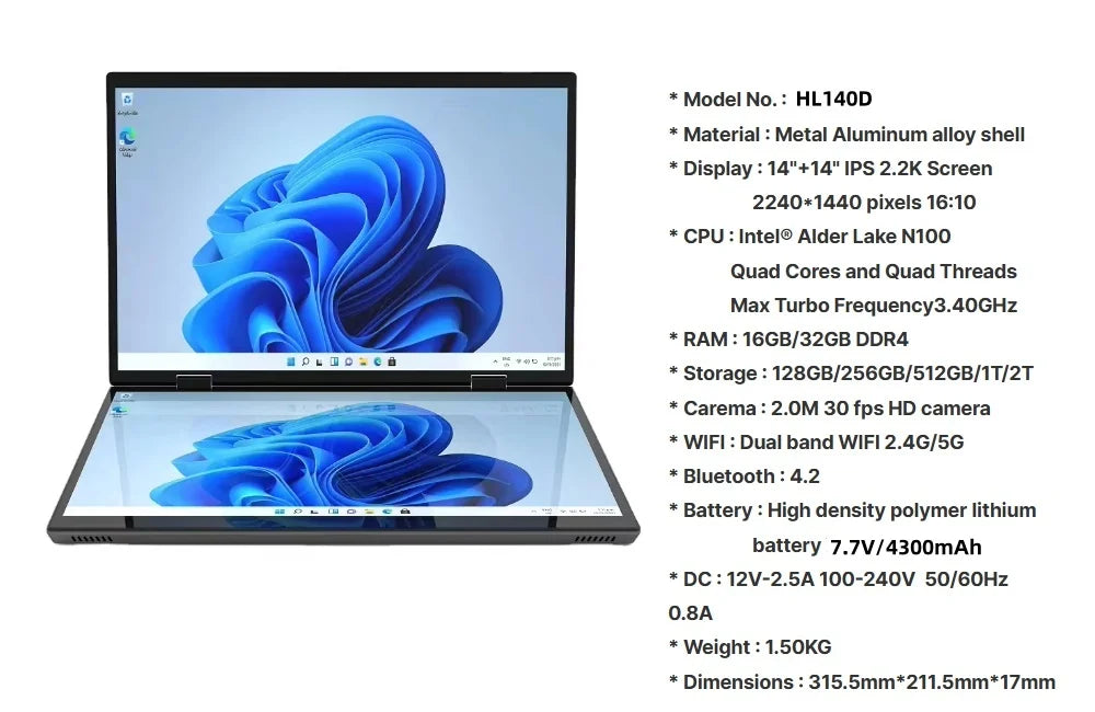 Dual Screen 14+14 Inch 2K Touchscreen 2-in-1 Laptop 16GB/32GB Intel N100 CPU 360° Flip Metal Case