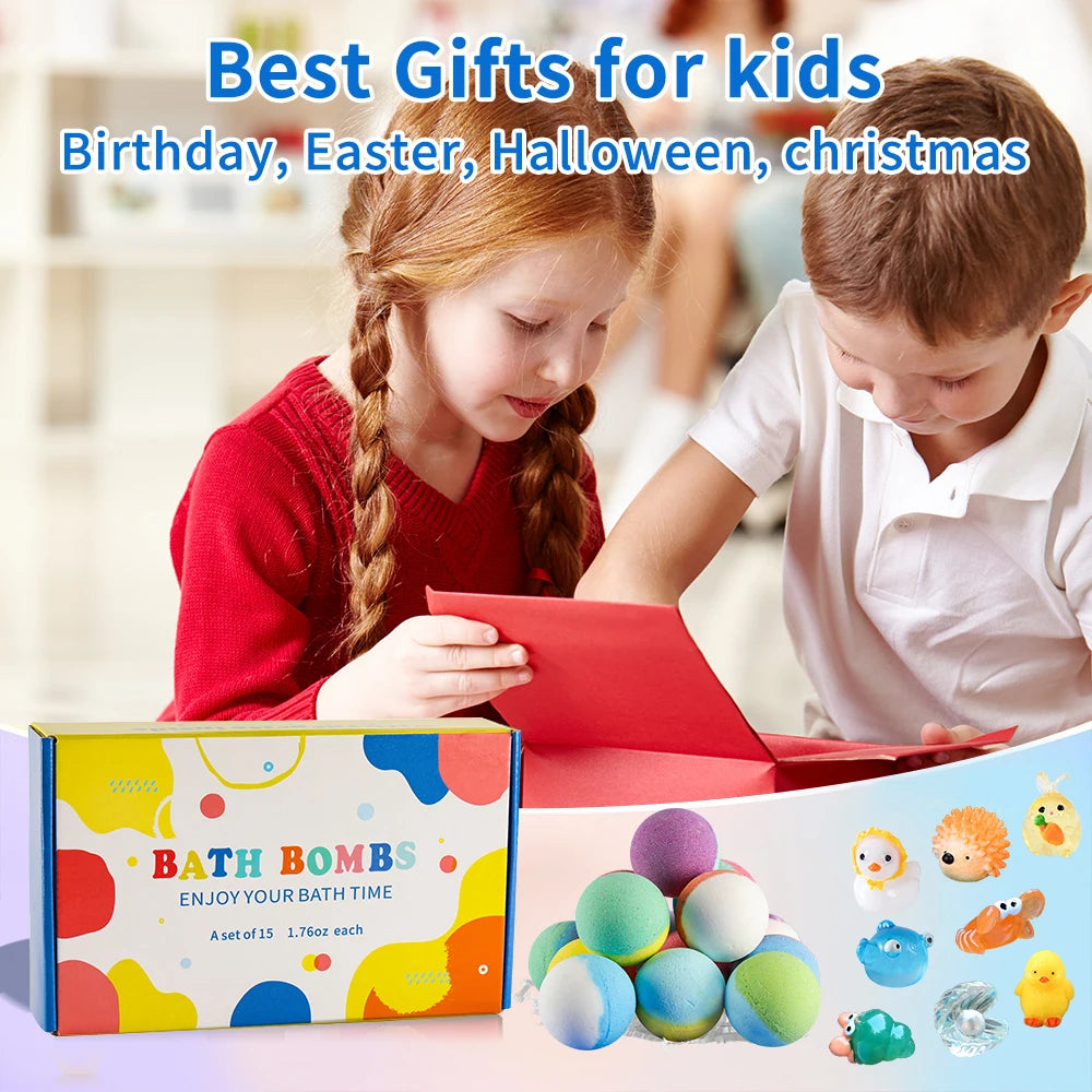 Vremou Kids Bath Bombs with Surprise Inside – 15 Pack Natural Organic Bubble Bath Gift Set