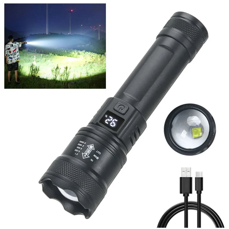High Power 2000LM LED Tactical Flashlight with USB Charging, Zoom, and Display – Camping, Fishing, Emergency
