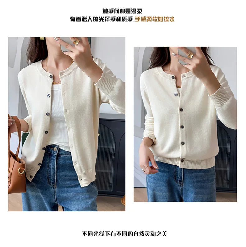 100% Cotton Women’s O-Neck Solid Cardigan – Luxury Designer Pullover