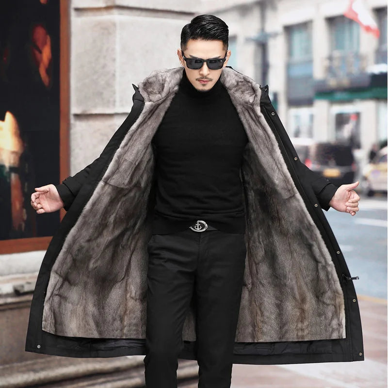Men’s Detachable Fur One-Piece Winter Coat – Thick Faux Mink Fur Lined