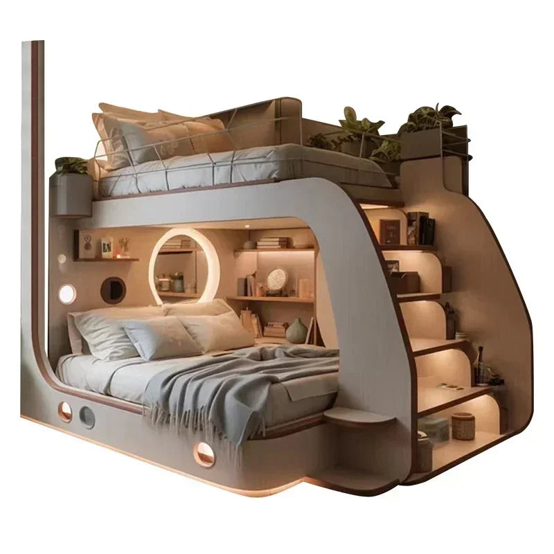 Solid Wood Tree House Bunk Bed – Double Layer Height-Adjustable Bed with Light Strip