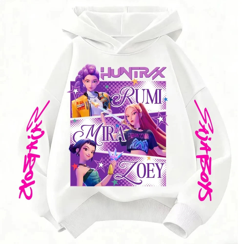 Cute Girls Hooded Sweatshirt KPop Demon Hunter Cartoon Casual Top – Purple & Pink