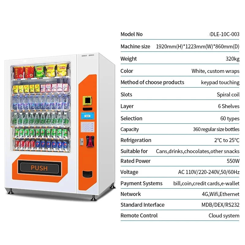 Big Capacity Snacks & Drinks Vending Machine with Refrigerator, QR Code & Coin Changer