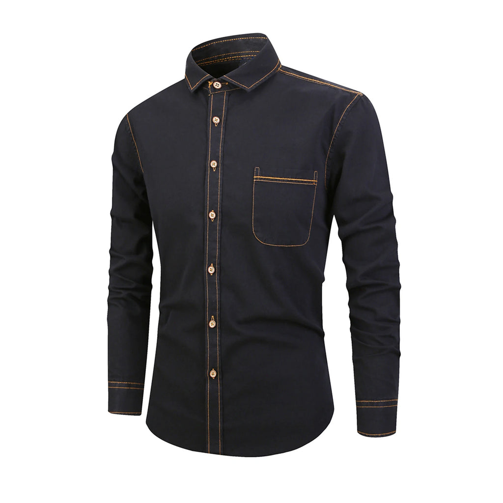 Men’s Autumn Cotton-Blend Denim Shirt – Casual Long Sleeve Button-Up with Single Pocket