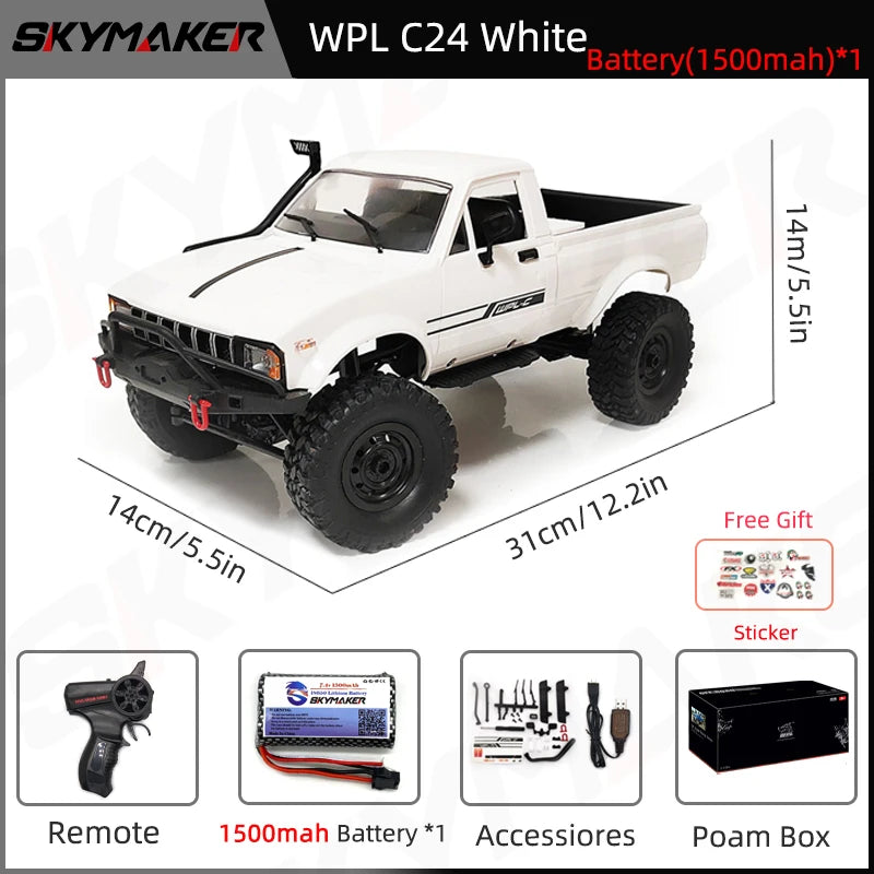 WPL C24-1 1:16 Scale 4WD RC Rock Crawler Truck with LED Lights – 2.4G Remote Control Off-Road Buggy