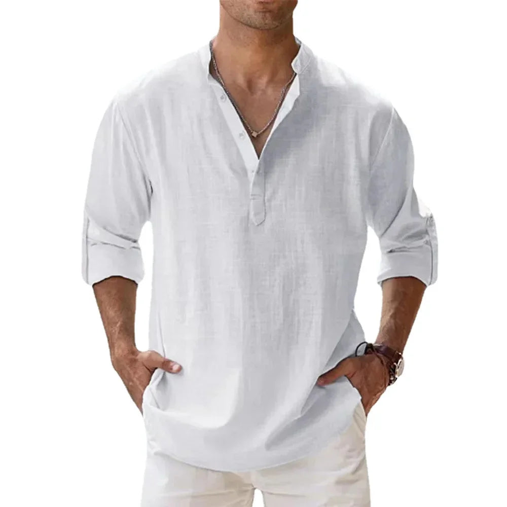 Men’s Cotton Linen Henley Short Sleeve Casual Shirt – Summer Beach & Everyday Wear