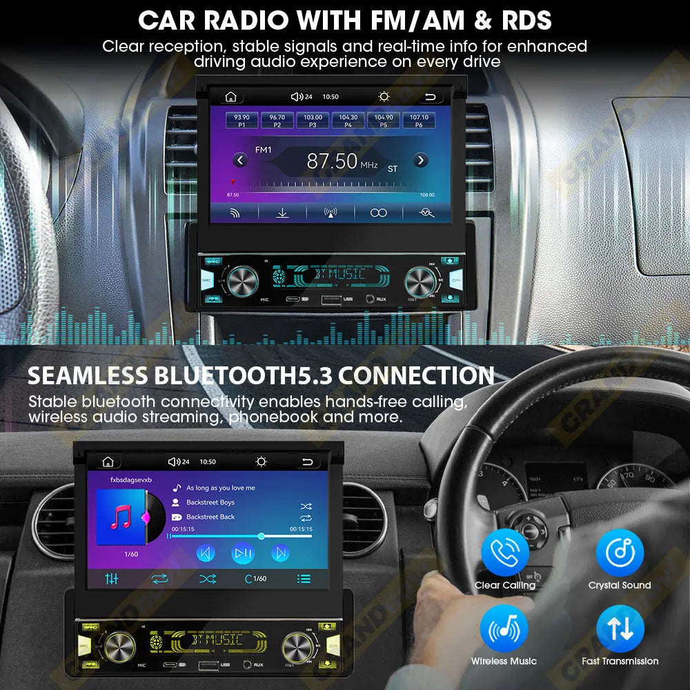 1Din 7 Inch MP5 Radio Player with Automatic Retractable Screen, Wireless CarPlay & Android Auto, FM AM RDS Car Stereo USB Type-C