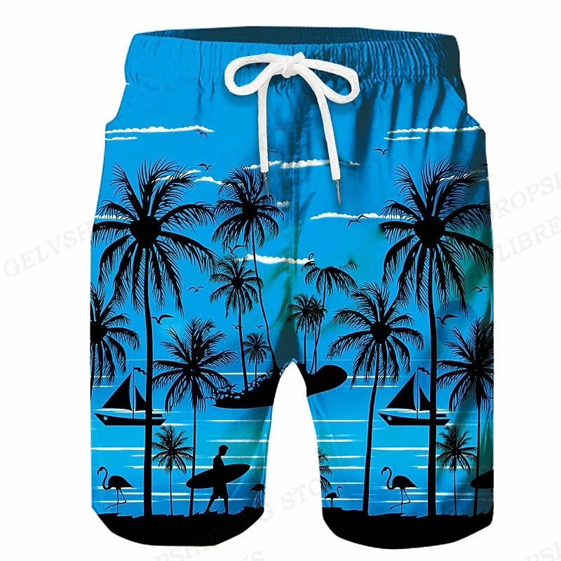 Kids 3D Coconut Tree Surfing Board Shorts – Boys & Girls Beach Swim Trunks