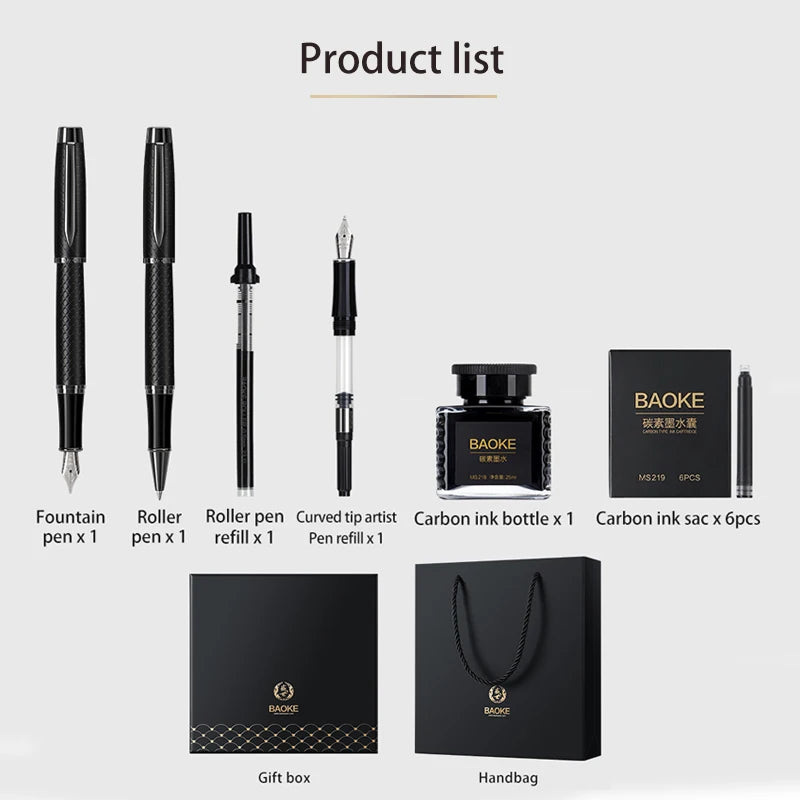 BAOKE T18/T19/T20 Black & Grey Fountain Pen Gift Set with Ink Bottle and 6 Cartridges – Stainless Steel Nib Metal Office Pen