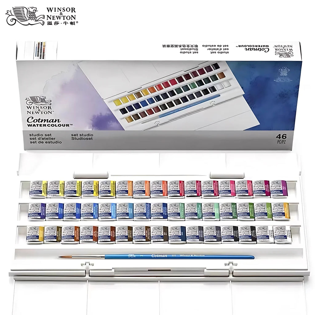 Winsor & Newton Cotman Solid Watercolor Paint Set 45 Piece Half Pan Set with Brush Portable Artist Ca