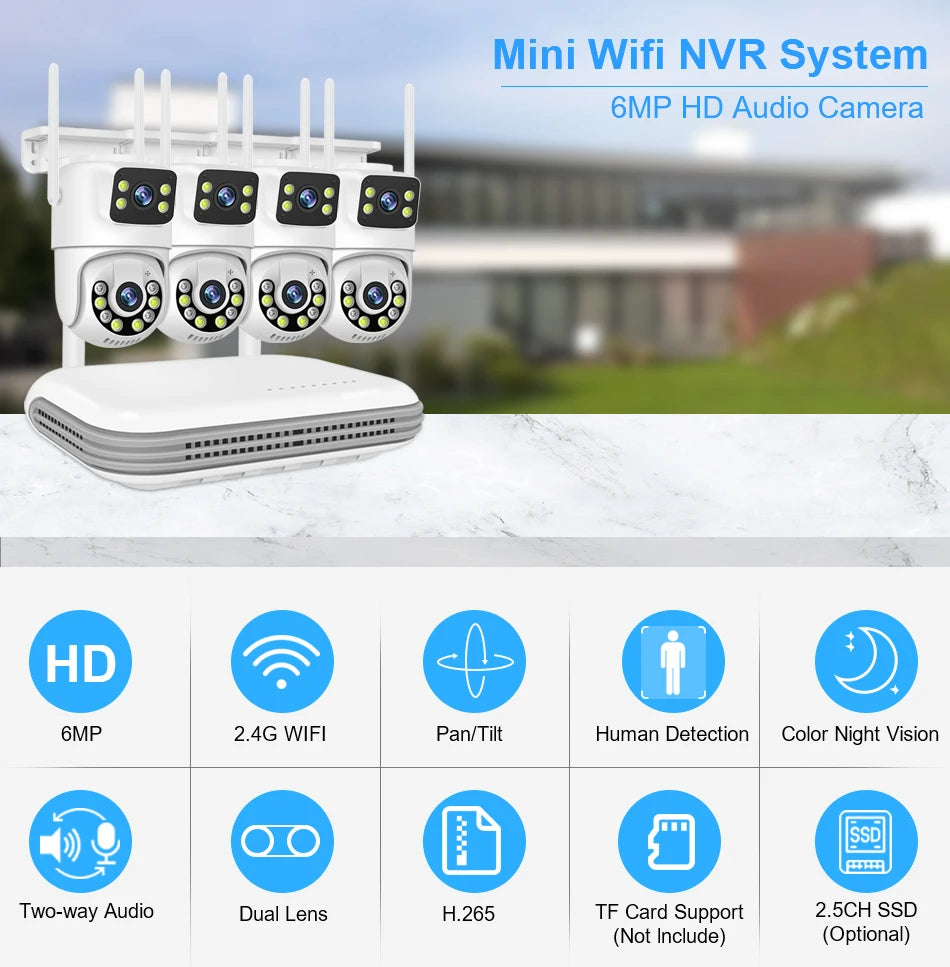 Smar 6MP Dual-Lens Wireless CCTV System 8CH NVR Kit with Audio & Night Vision