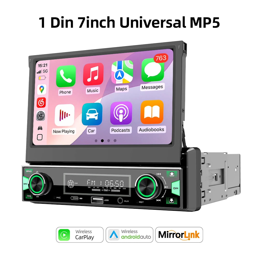 1Din 7 Inch MP5 Radio Player with Automatic Retractable Screen, Wireless CarPlay & Android Auto, FM AM RDS Car Stereo USB Type-C